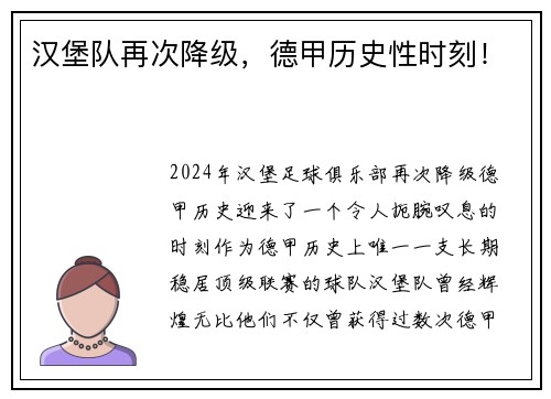 汉堡队再次降级，德甲历史性时刻！