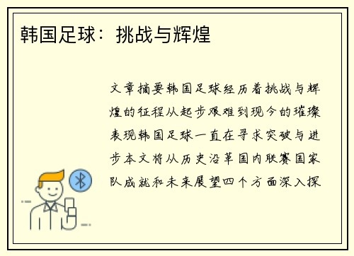 韩国足球：挑战与辉煌