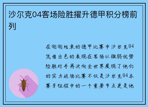 沙尔克04客场险胜擢升德甲积分榜前列